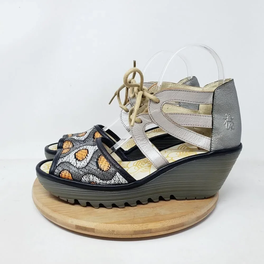 Fly London Yafi Wedge Sandals‎ Womens 39 Silver Platform Wedge Lace Up Shoes